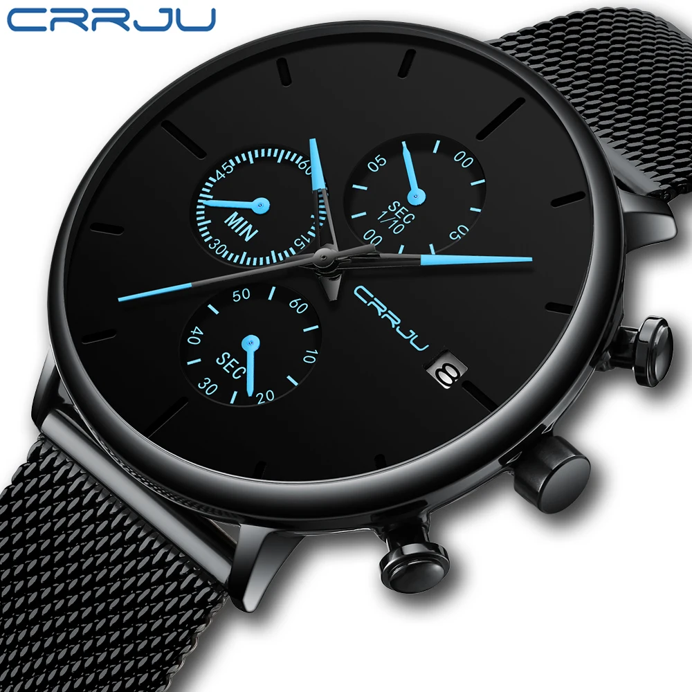 CRRJU, мужские часы, Лидирующий бренд, Роскошные, бизнес часы, модные, повседневные, наручные, сетка, сталь, водонепроницаемые, кварцевые, дата, мужские часы, reloj