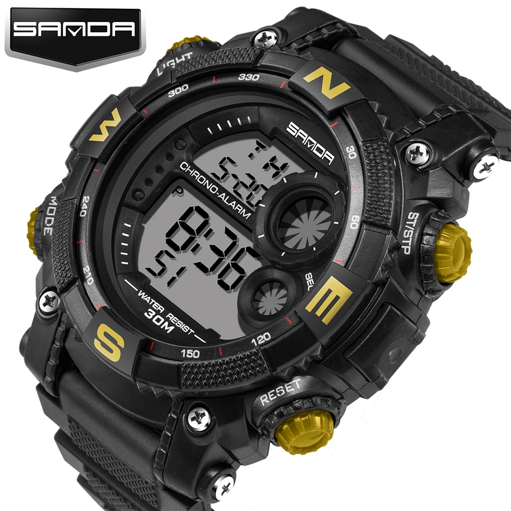 Hot Koop SANDA Merk Digitale LED Backlight Stop Horloge 3ATM leger Sport Polshorloge Uur Gift voor Mannen Jongen Zwart 323