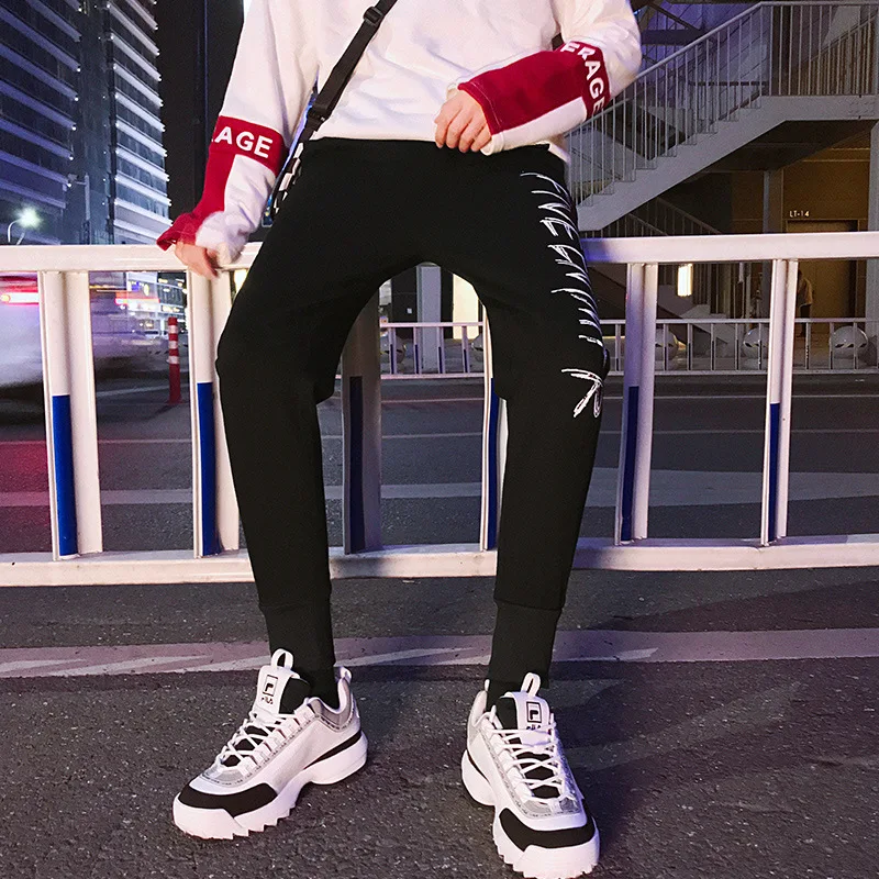 

Spring And Summer-Casual Pants MEN'S Trousers Hong Kong Style New Style Black And White with Pattern Trend Beam Leg Skinny Pants