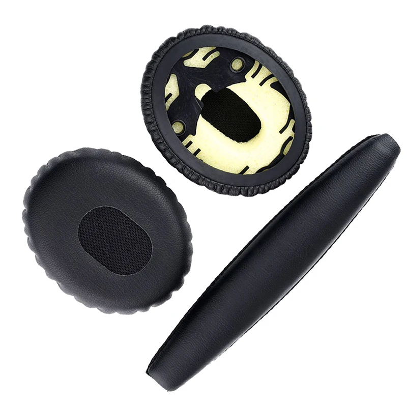 A pair of black ear cushions with head pad for Bose QC3 Quiet Comfort 3 headphones