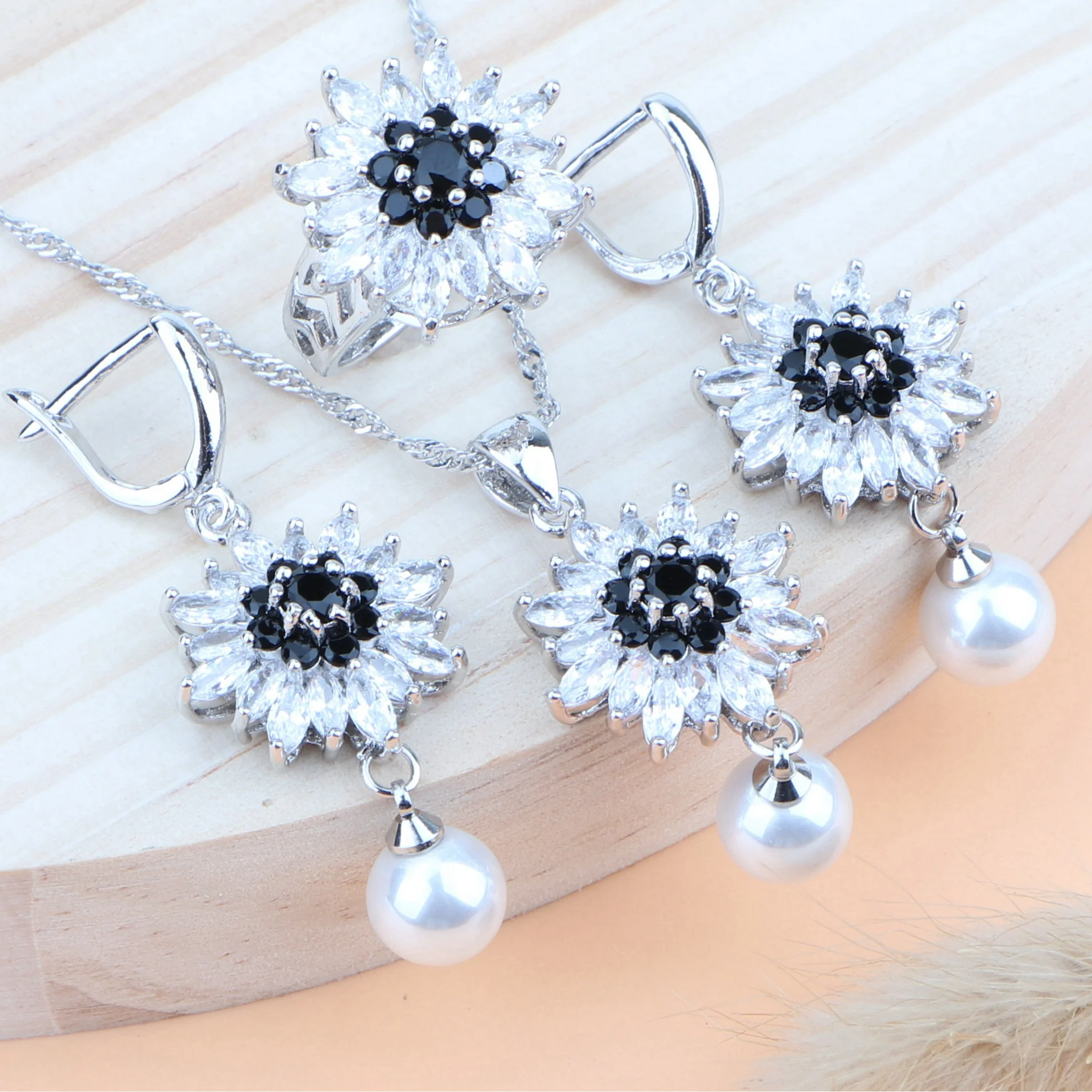 

Wedding Pearls Silver 925 Jewelry Sets Costume Jewelry Zircon For Women Bridal Jewelry Stone Earrings and Necklace Set Ring