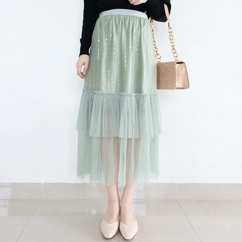 REALEFT High Waist Elastic Midi Skirts New Arrivals Autumn Spring Mesh Patchwork Fashion Pleated Skirts Female