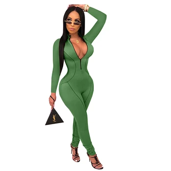 

2020 New long sleeve solid color deep V-neck zipper casual bodycon Woman Women Jumpsuit Romper