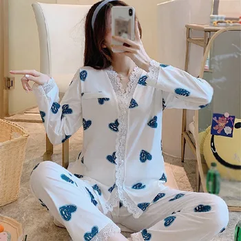 

Lace Heart Print Knitted Sweet Pajamas Set Women V-neck Long Sleeve Ladies Nightwear Autumn Casual Female Home Clothes Suits