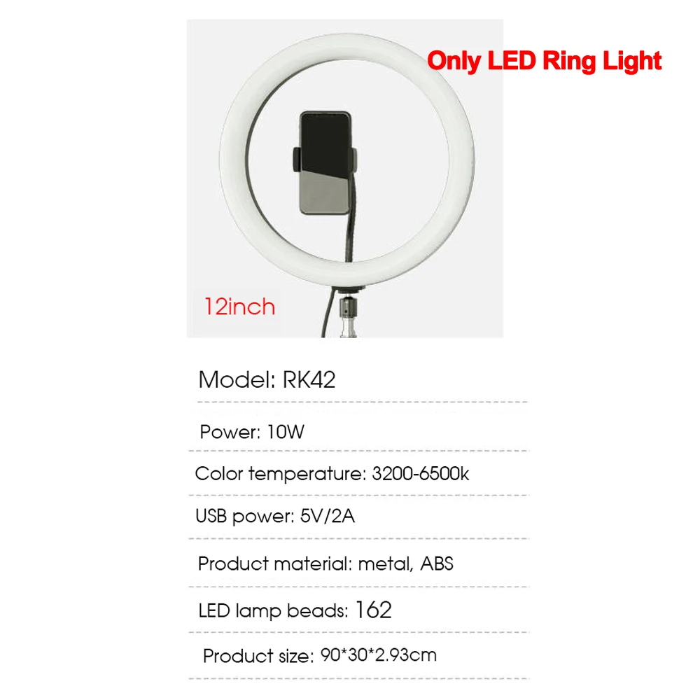 Universal LED Ring Light Photo Studio Camera Light Photography Dimmable Video Light For Makeup Selfie With Phone Holder - Цвет: 12 inch