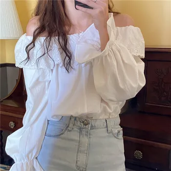 

COIGARSAM Cute Ruffles blouse women Full Sleeve Solid Patchwork Slash neck blusas womens tops and blouses White 9099