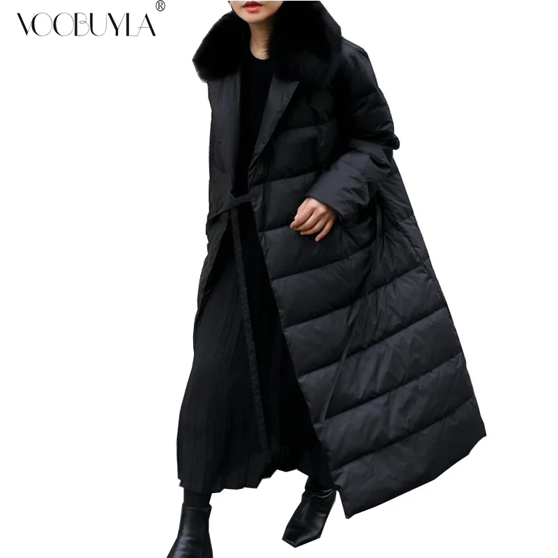 Voobuyla зимняя длинная парка большого размера, женская меховая Свободная куртка с отложным воротником, верхняя одежда, женское качественное повседневное пальто с поясом