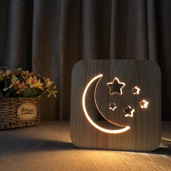 

Wooden Night Light Creative Moon Stars Ambient Lights Luminaria 3D Lamp USB Powered Desk Lights For Baby Christmas New Year Gift