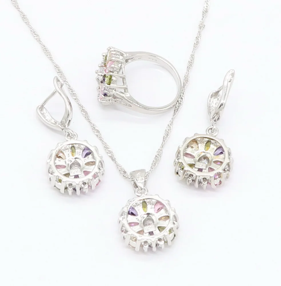 Многоцветный камни циркония стерлингового серебра 925 Модный кулон ожерелье браслет из Серьги Комплекты украшений для женщин модный подарок