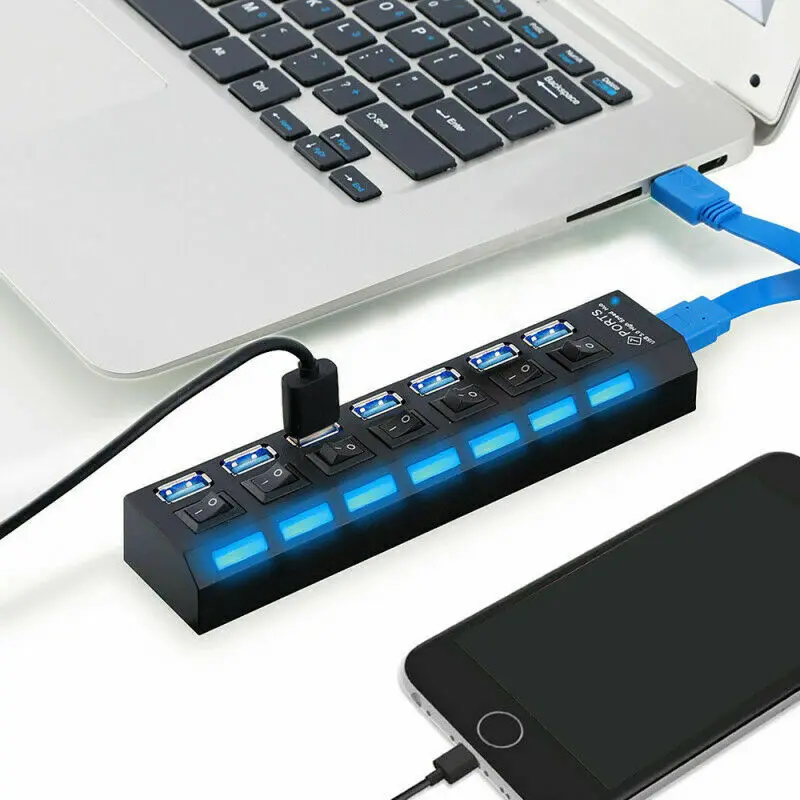 Черный 7 портов USB 3,0 концентратор вкл/выкл переключатели AC адаптер питания кабель для ПК ноутбук Mac США ЕС Великобритания вилка