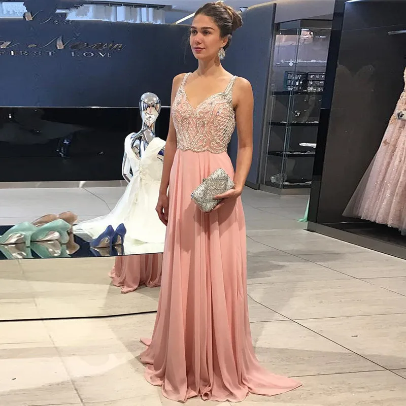 Розовые мусульманские Вечерние платья а-силуэта на тонких бретельках шифоновое