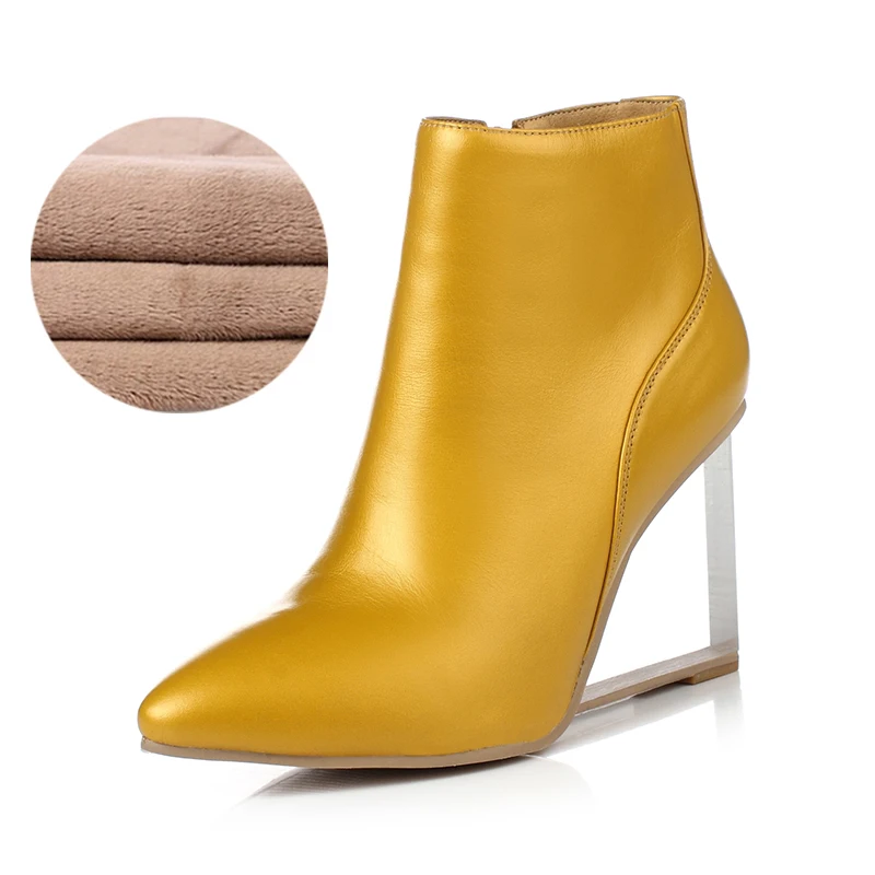 yellow short plush genuine leather boots pointed toe Slope heel transparent crystal 9cm fashion show women's shoes yellow black autumn winter new - Цвет: yellow short plush