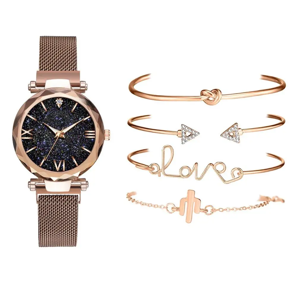 Brown 5pcs Set 5pcs Set Luxury Women Watches Magnetic Starry Sky Female Clock Quartz Wristwatch Fashion Ladies Wrist Watch relogio feminino - Цвет: Brown 5pcs Set