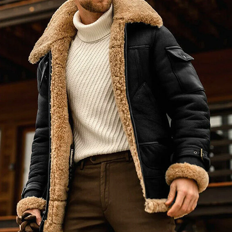 Men's Winter PU Jackets Thick Fleece Lined Bomber Flying Short Coats Zipper Closure for Outdoor Motor