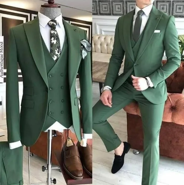 Verde Negro Slim Fit 3 piezas trajes novio trajes De hombre para bodas esmoquin Terno Masculino De Pour Hommes Blazer (chaqueta + Pantalones + chaleco)