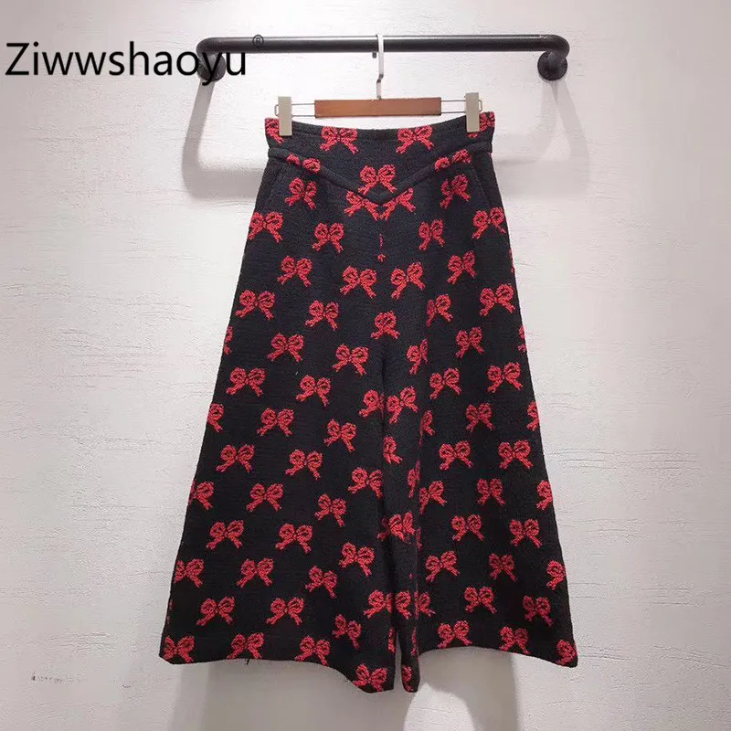 

Ziwwshaoyu Fashion Autumn Winter Bow Flocking Jacquard Rough High Waist 3/4 Wide Leg Pants Women's High Quality Clothing
