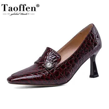 

Taoffen Square Toe Women Pumps Spring Strange Style Patent Leather Shoes Pearl Stone Pattern Office Lady Footwear Size 34-43