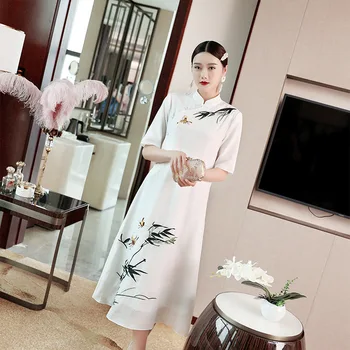 

Vintage White Dress Women Spring Summer Chinese Style High quality Embroidery Stand Collar Elegant Elegant Dress S-XXL