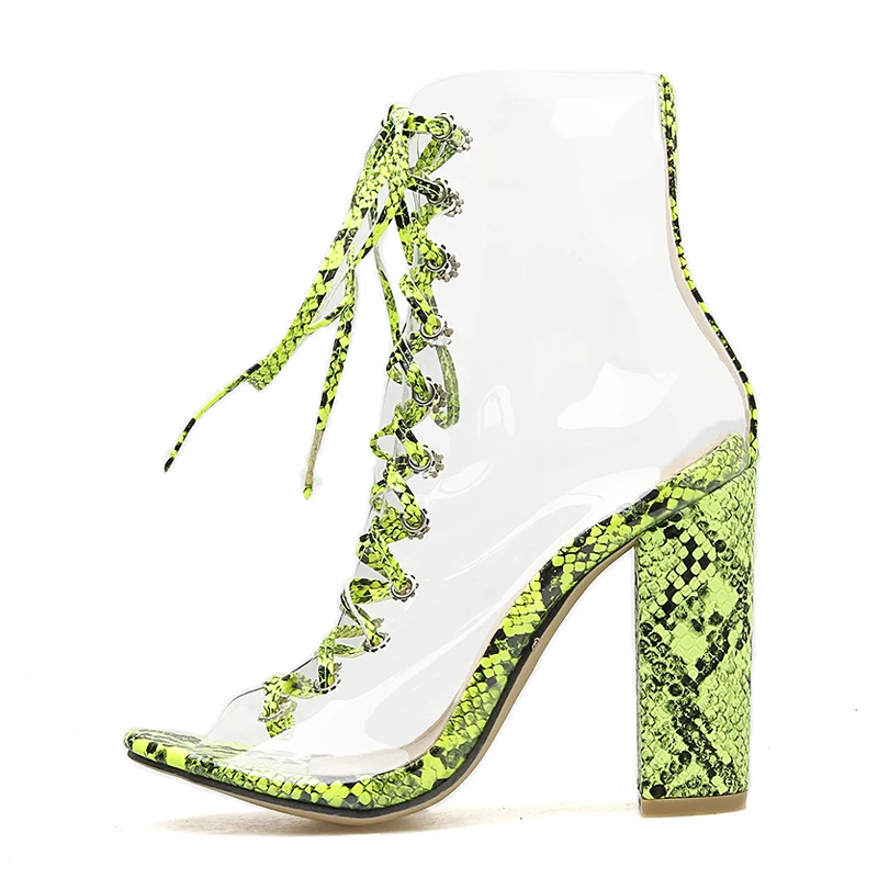 Najtaniej Wyczyść pcv kobiety pompy sandały masywne obcasy czółenka sznurowane Mujer panie Snkake druku letnie buty Party kobiety pompy zielone Zapatos