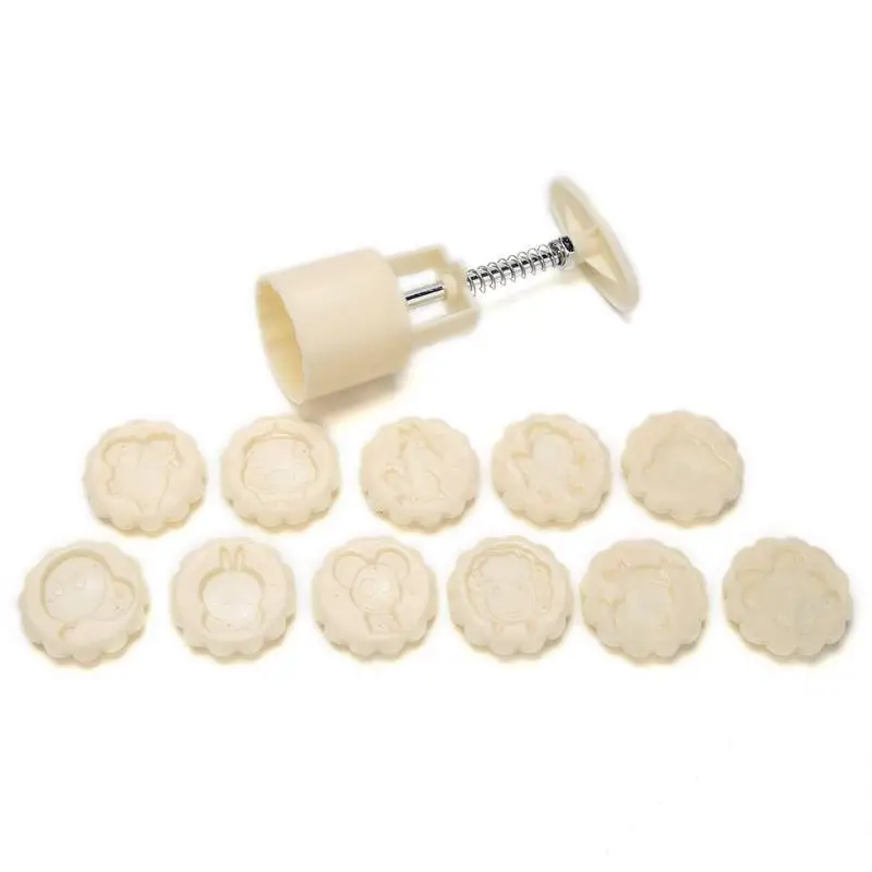 

12 Zodiac Round Mooncake Mold Set Hand-Press Pastry Cookie Bake Tools Decor