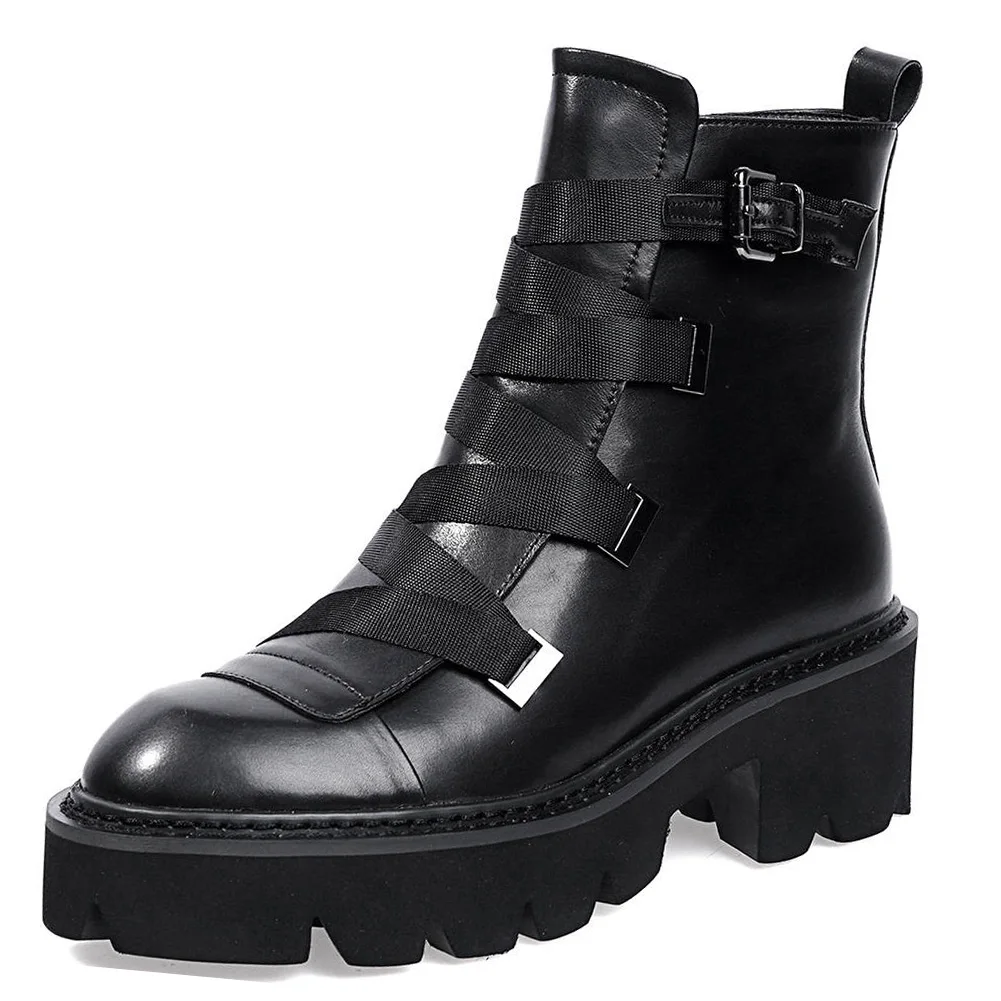 Doratasia/ г. Большой размер 42, модная женская обувь из натуральной кожи с перекрестной шнуровкой ботинки для мотоциклов женская обувь ботильоны женские - Цвет: Черный