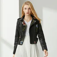 Buy New Autumn Women Floral Embroidery Pu Faux Leather Streetwear Punk Style Biker leather Jacket Online - Image 6
