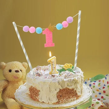 

ONE Year Crown Pompon 1st Cake Toppers Birthday Cake Decoration Cake Flag Baby Shower Kids Birthday Party Favor Supplies
