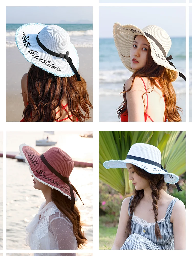 Лидер продаж, модная шляпа от солнца с бантом в стиле Хепберн, летняя шляпа с вышивкой для девочек, красивая Соломенная пляжная шляпа из рафии с большими полями