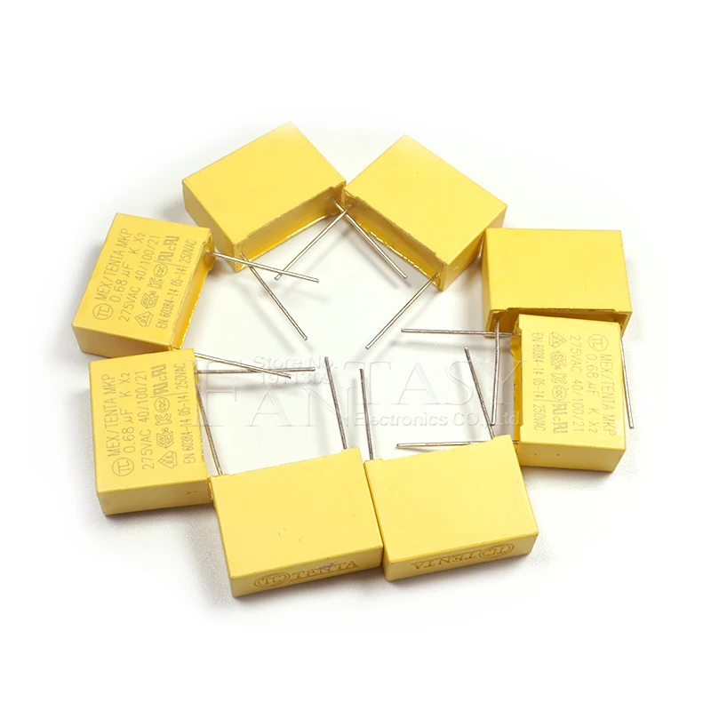 10pcs 0.68uF 10pcs capacitor X2 capacitor 275VAC 680NF Pitch 22mm X2 Polypropylene film 0.68uF polypropylene film capacitor