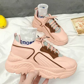 

QWEDF Women's Chunky Sports 2019 Fashion Women Platform Shoes Lace Up Pink Running Shoes Womens Female Trainers J1-24