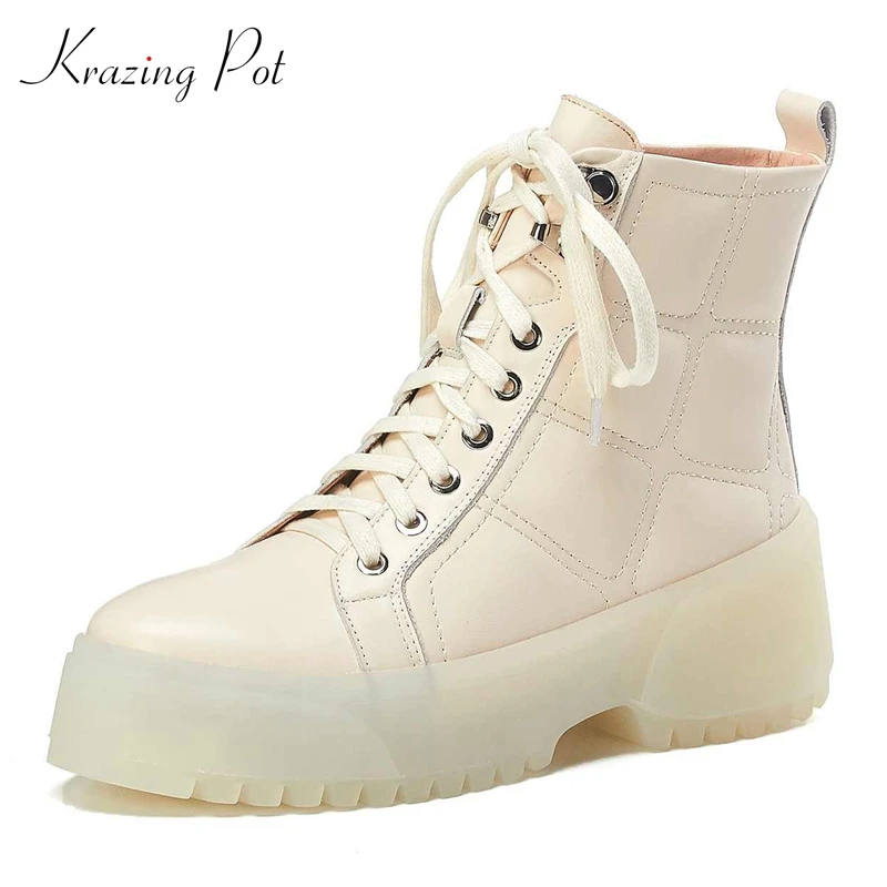 

krazing pot 2020 genuine leather gingham prints round toe thick bottom platform boots high heels winter luxury ankle boots L02