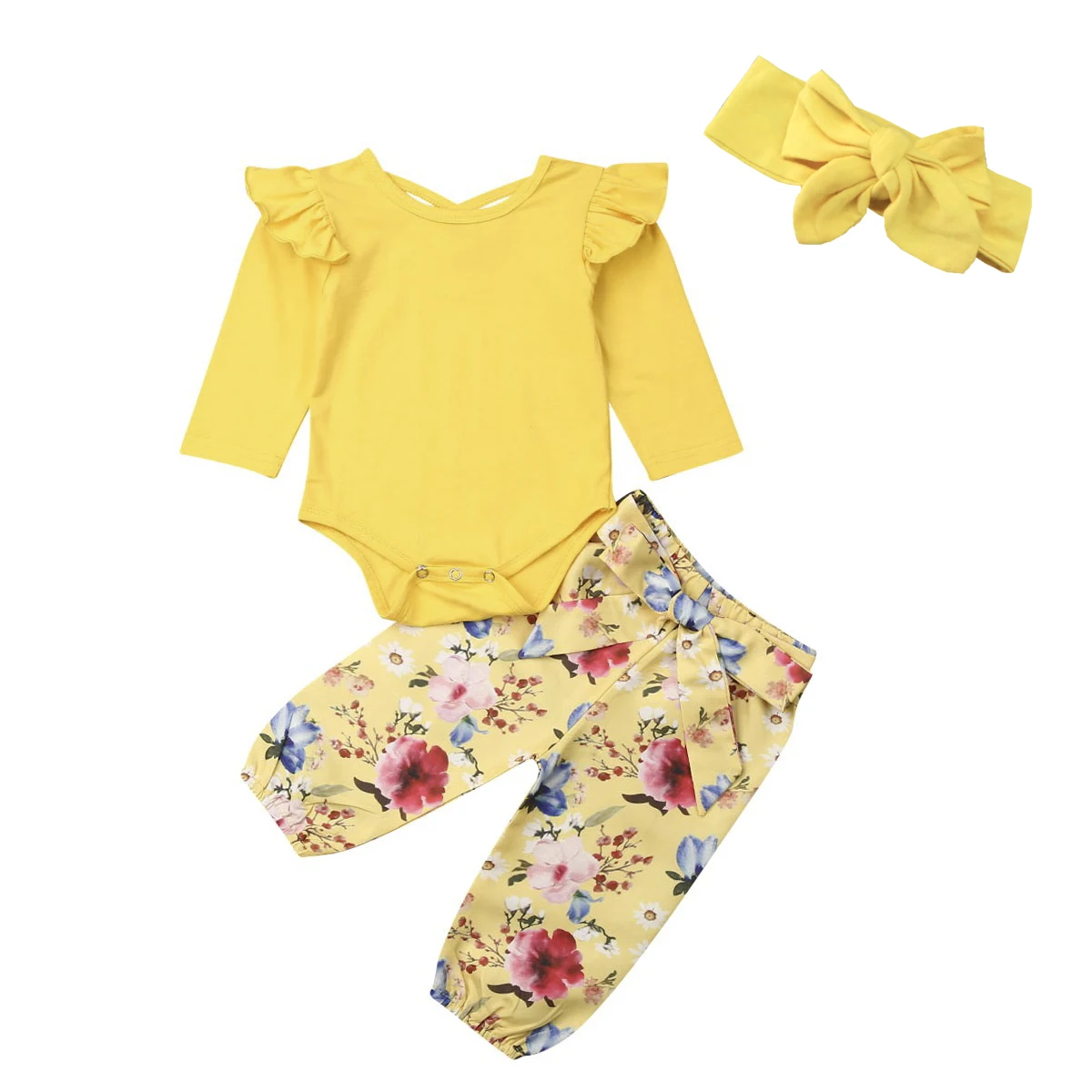Pudcoco/Одежда для новорожденных девочек однотонный хлопковый комбинезон с рукавами-крылышками, топы, длинные штаны с цветочным принтом повязка на голову, комплект одежды из 3 предметов