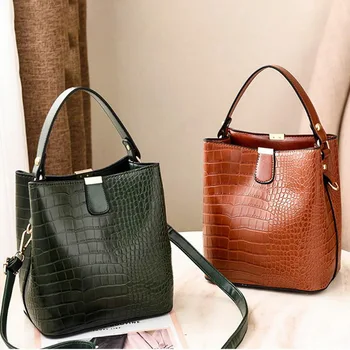 

Small Bucket Bags For Women Crocodile Pattern Female Handbag Capacity Solid Color Shoulder Messenger Bag Ladies Casual Tote Bag