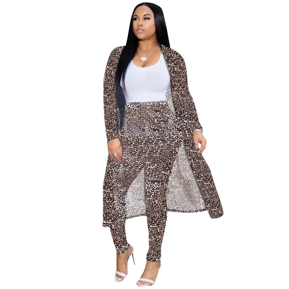 

Fall and Winter 2019 Latest European and American Fashion Leopard Printed Long Coat Overcoat Two-piece Night Club Dress Two-piec