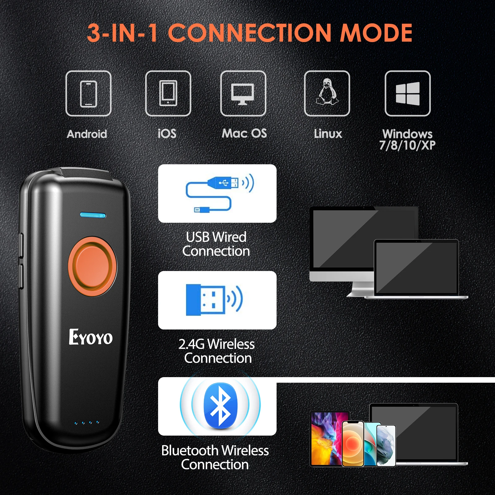 EYOYO EY-023L Mini Barcode Scanner 1D 2.4G Wireless Bar Code Scanner For Android IOS Windows Bluetooth Laser Reader