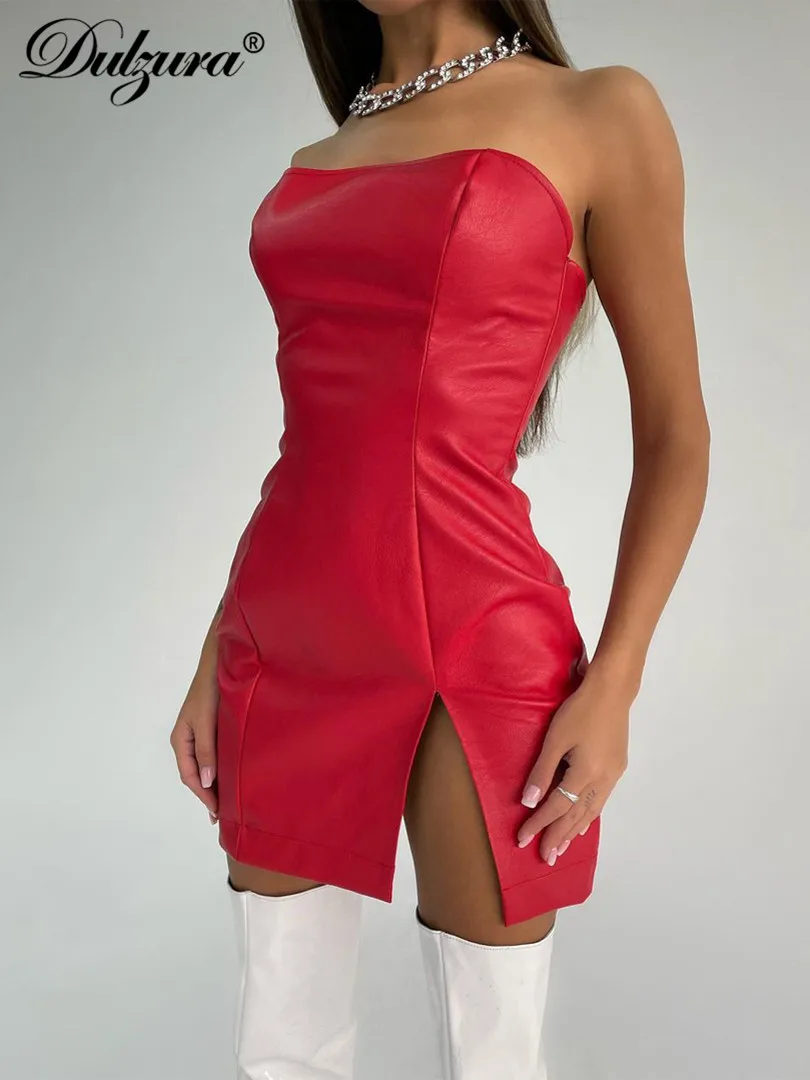 Dulzura Pu Faux Leather Women Solid Tube Slit Mini Dress Bodycon Sexy Streetwear Party Club Festival 2021 Autumn Winter | Женская одежда