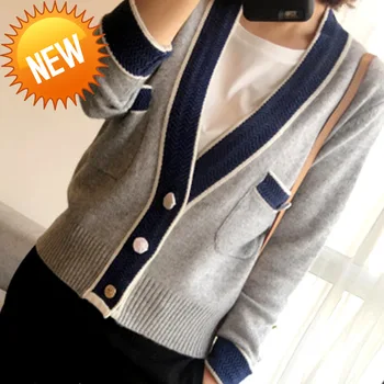 

and Spring Autumn V-neck Cashmere Knit Cardigan Women's Lazy Contrast Color Loose Short Sweater Hot Long Sleeve Sweater