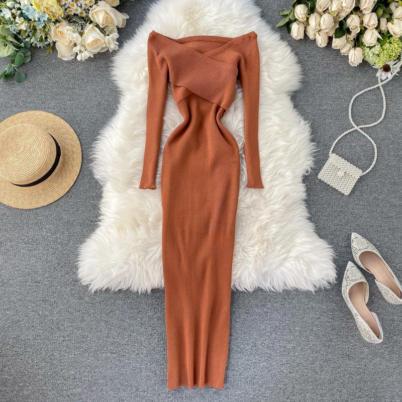 Slim 2020 Off Shoulder Cross Criss Autumn Knit Sweater Midi Long Dress Bodycon Party Winter Sexy Women Casual elegant Vestidos Slim 2020 Off Shoulder Cross Criss Autumn Knit Sweater Midi Long Dress Bodycon Party Winter Sexy Women Casual elegant Vestidos