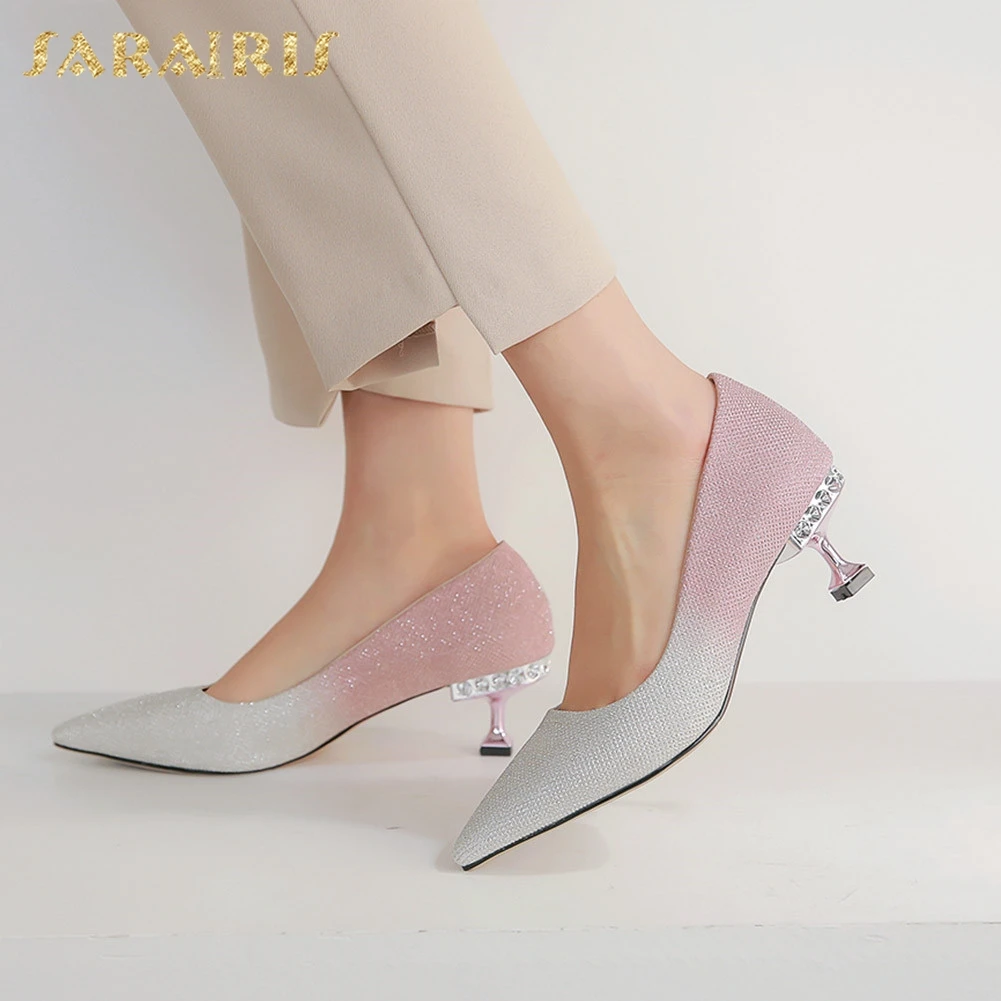 

Sarairis 2020 New Design Hot Large Size 43 Strange Style Pointed Toe Mix Color Shoes Woman Pumps Slip-On Office Lady Pumps Women