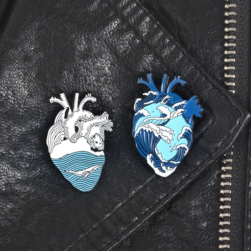 1 шт., взрывная синяя волна, Кит, высококачественный сплав, брошь, сердце человека, анатомия, значок с сердцем, джинсовая куртка, аксессуары для одежды