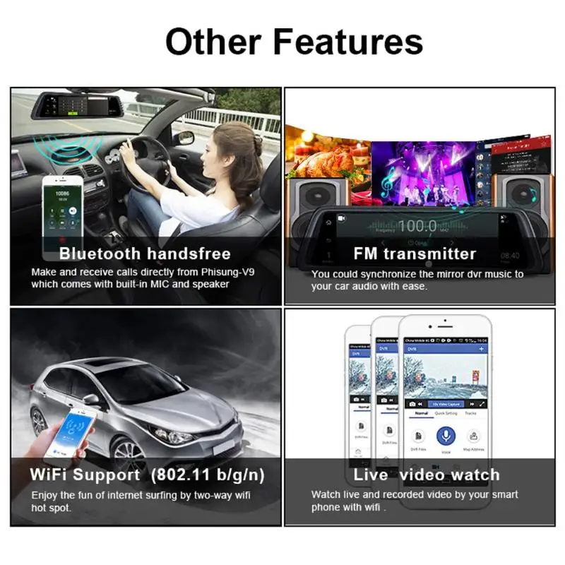 Phisung V9 4G 1296P Автомобильное зеркало заднего вида Dashcam с 3 камерами заднего вида
