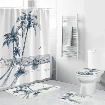 

Bathroom Set Waterproof Shower Curtain Non-slip Mats Bath Carpets Toilet Seat Cover Lid Floor Mat Bathroom Decor 180cmx180cm