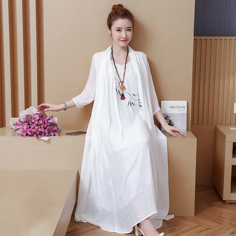 

2018 Summer New Style Large Size Dress Fat Mm Ethnic-Style Cotton Linen Ink Printed Mock Two-Piece Dress