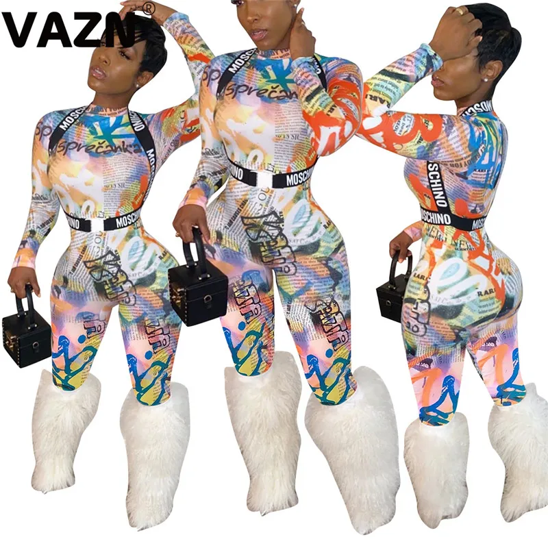 VAZN, длинный рукав, новинка, модные, распродажа, высокая мода, комбинезоны, повседневные, бодикон, o-образный вырез, вязанные, сексуальные, длинные штаны, тонкий, длинный комбинезон