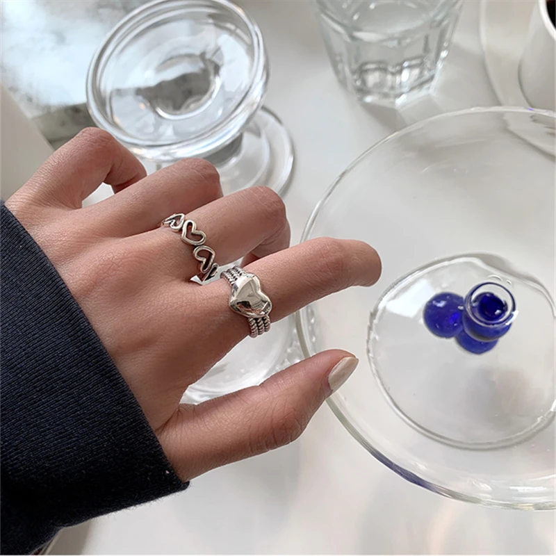 Silberner Herzring Für Damen, Retro Ring Mit Geometrischen Formen_voghion.com