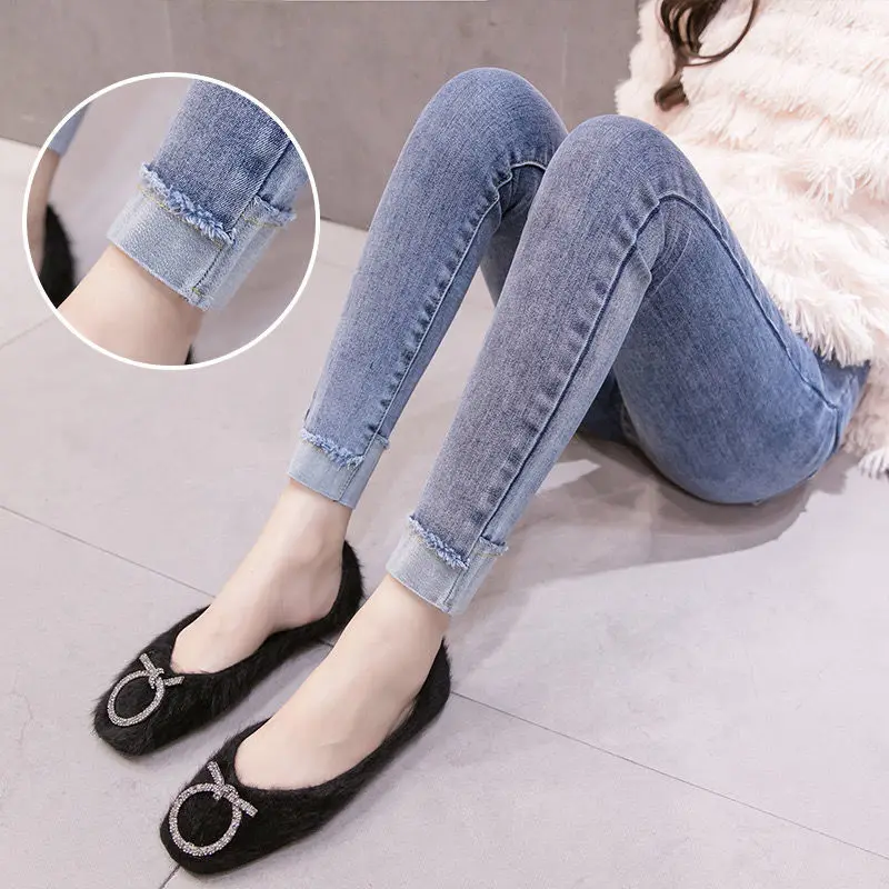Pregnant women's jeans thickened stretch high-waist pencil pants casual plus velvet