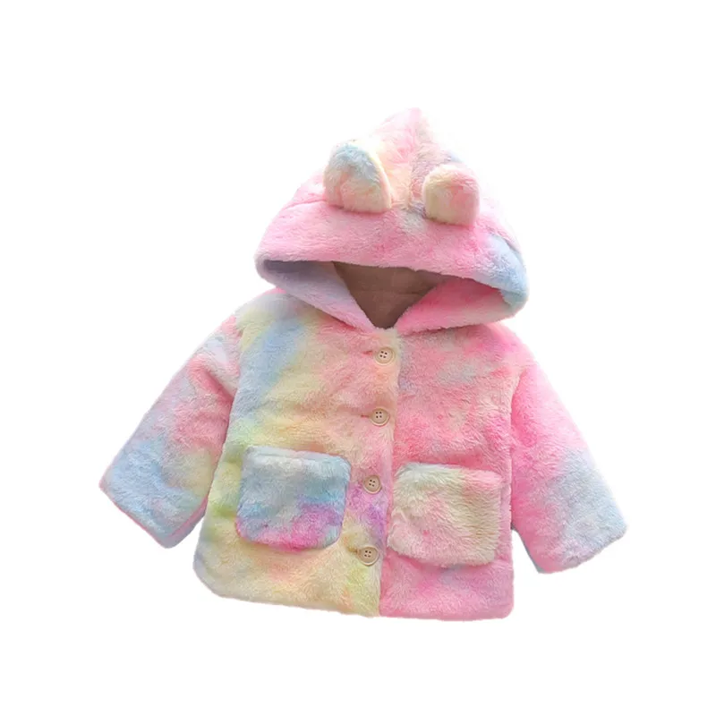 

2020 Little Girl Imitation Fur Coat Tie-dyed Long Sleeve Rabbit Ears Hooded Button Coat Winter Jacket Cardigans Warn Tops