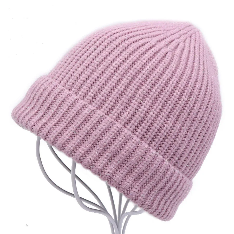 Зимние вязаные теплые шапки Skullies для женщин, кашемировая вязаная шапка бини, Женская шерстяная пушистая подкладка, Посеребренная пряжа - Цвет: Розовый