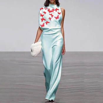 

Women sleeveless Butterfly print Jumpsuit Asymmertrical Elegant OL Female Overalls 2020 Spring Summer Classy Chic Ladies Romper