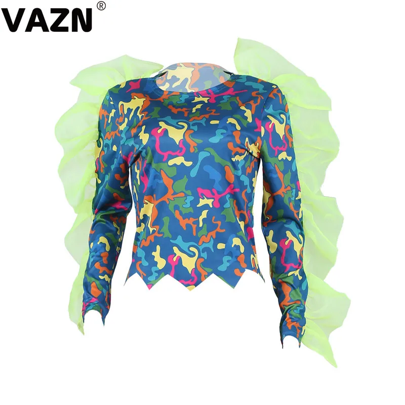 VAZN, камуфляжная, удобная, популярная, кружевная, новинка, женская мода, элегантный топ,, Повседневная футболка, высокий ворот, полный рукав, женская футболка
